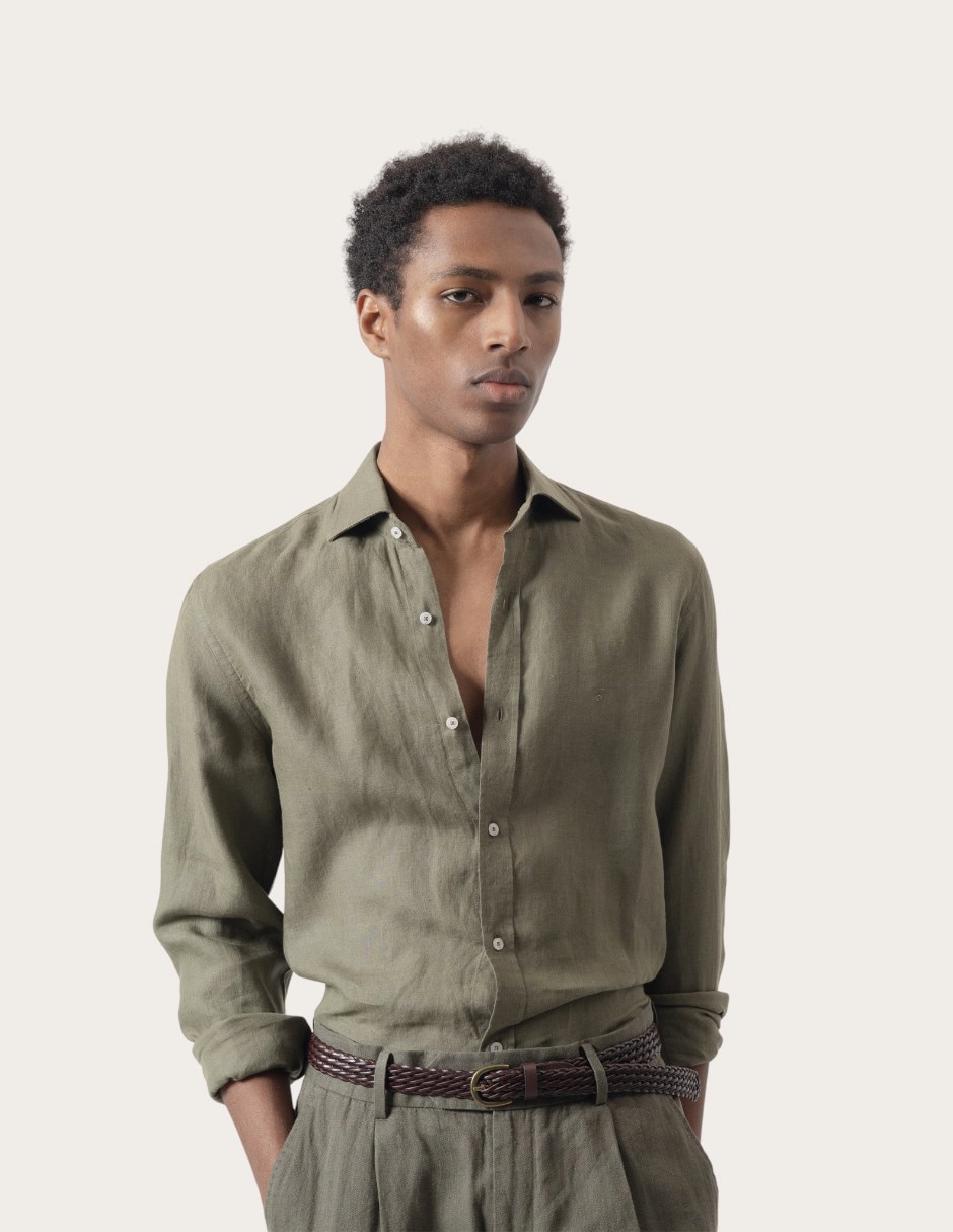 Camisa casual Puroego de lino manga larga para hombre