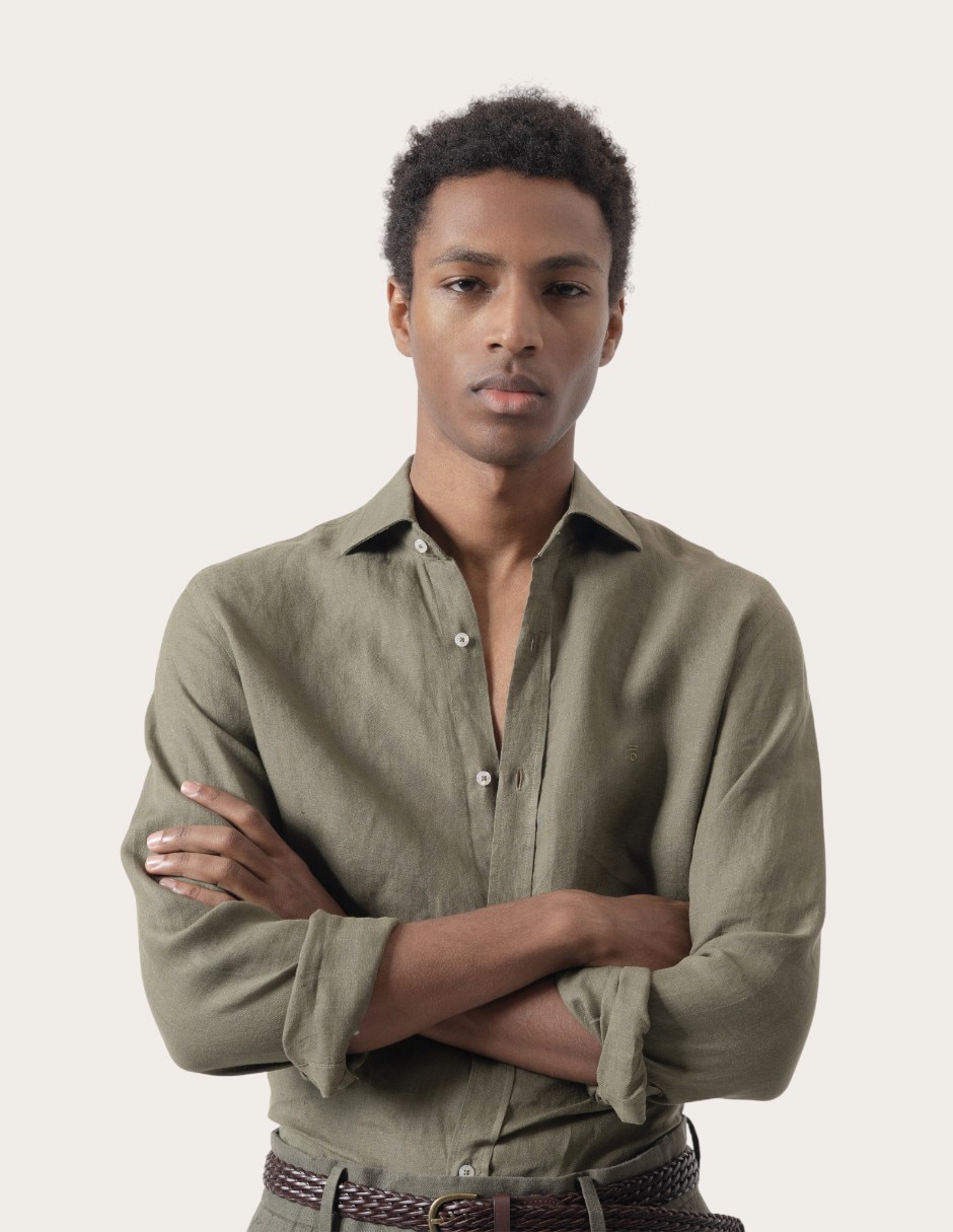 Camisa casual Puroego de lino manga larga para hombre