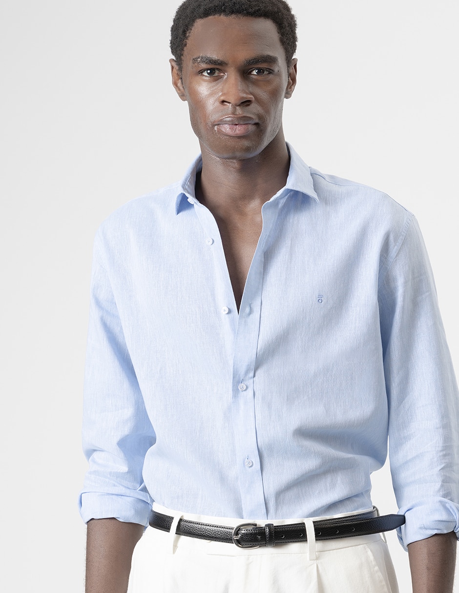 Camisa casual Puroego de lino manga larga para hombre