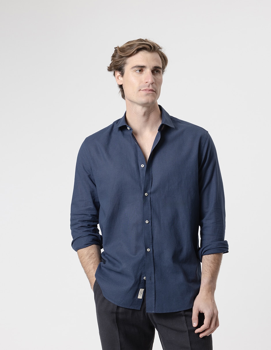 Camisa casual Puroego de lino manga larga para hombre